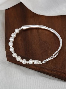 深圳旭佳S925纯银复古贝珠手链轻奢高级感半镯半珍珠手链个性ins