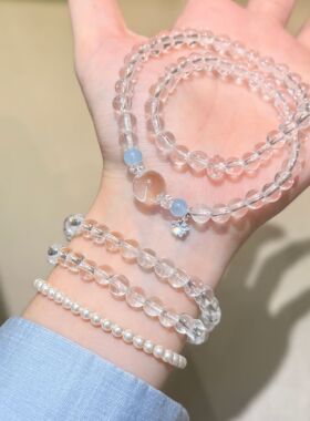 深圳旭佳旭家天然海蓝宝拼接白水晶闪钻星双圈手链女气质休闲通勤