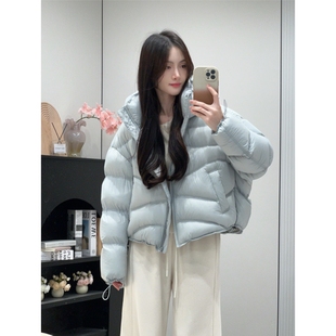 韩系波浪绗线泡芙连帽羽绒服女短款2025冬季新款90白鸭绒外套宽松