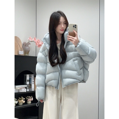 韩系波浪绗线泡芙连帽羽绒服女短款2025冬季新款90白鸭绒外套宽松
