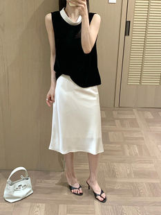 满满Mono 轻奢感法式优雅风两件套女套装撞色丝绒背心+缎面半身裙