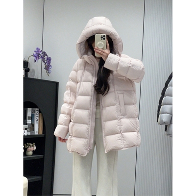 乖乖女连帽羽绒服女中长款2025冬日新款温柔甜美90白鸭绒外套宽松