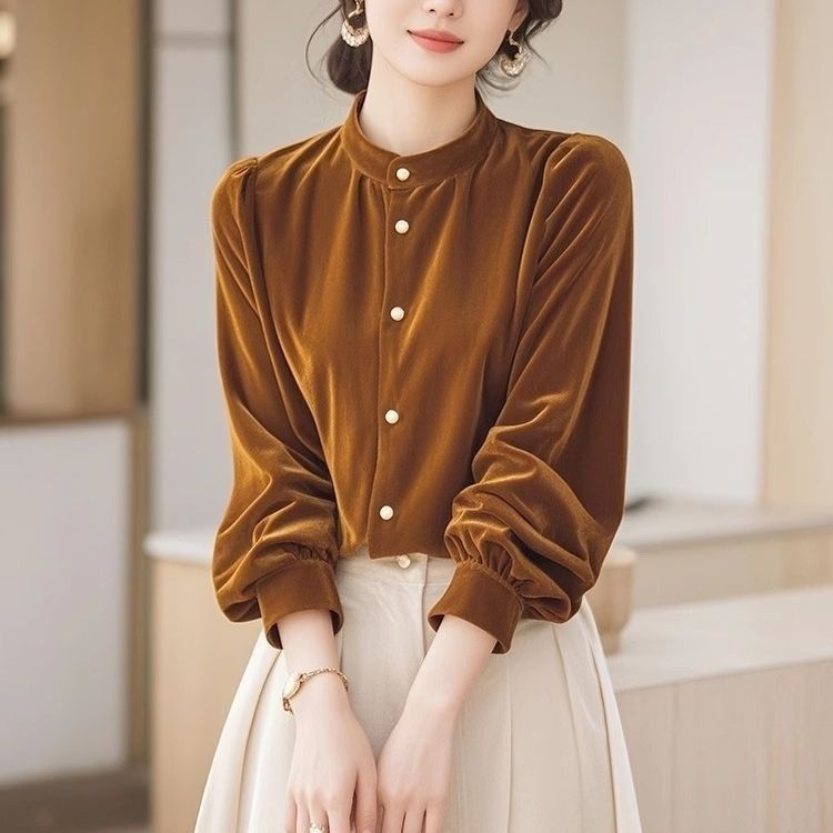 独特法式别致丝绒衬衫女2025秋冬新款衬衣高级感气质叠穿时尚上衣