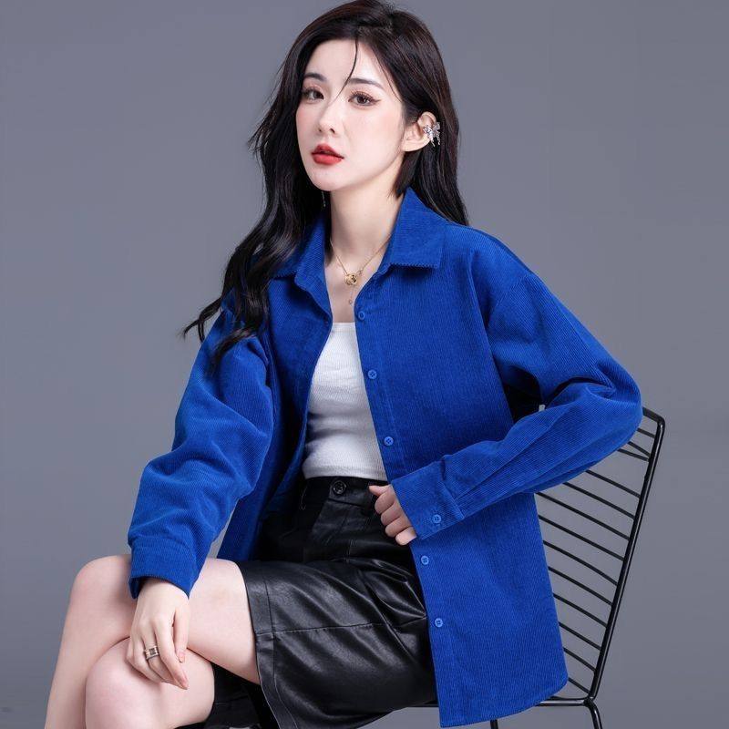 高档灯芯绒外套女2025新款克莱因蓝条绒衬衣开衫衬衫长袖气质上衣