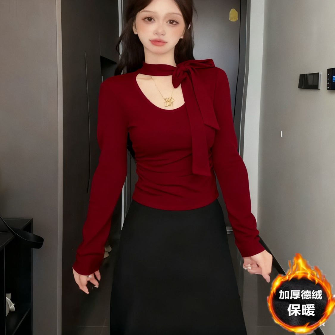港味辣妹风V领飘带长袖T恤女2025秋冬新款修身显瘦短款洋气质上衣
