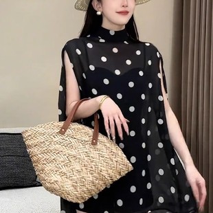 女裝 法式 寬松顯瘦通勤百搭上衣 襯衫 無袖 高領網紗微透2025夏季 新款
