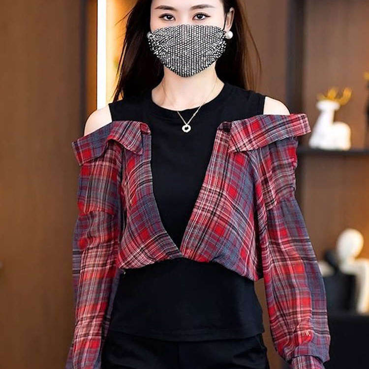 复古港风短袖格子衬衫女夏季大码胖mm显瘦时尚洋气假两件露肩上衣