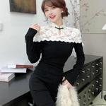 卡卡女装官方旗舰店正品新中式改良旗袍蕾丝拼接针织衫女修身上衣