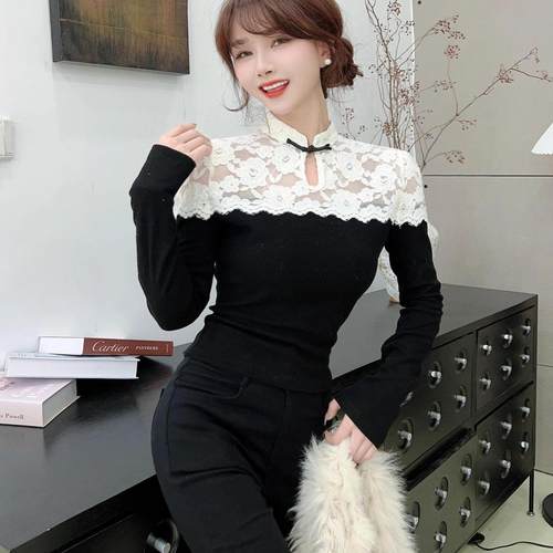 新中式改良旗袍蕾丝拼接针织衫女