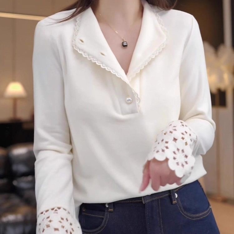 独特气质蕾丝拼接白色半开领针织衫女2025年冬季新款宽松百搭上衣