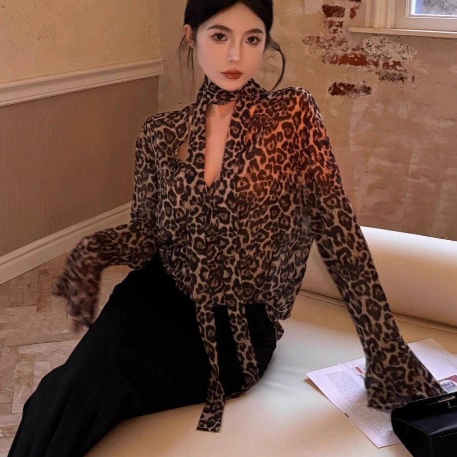 挂脖飘带豹纹衬衫女外穿设计感小众2025新款春秋季雪纺薄款上衣夏