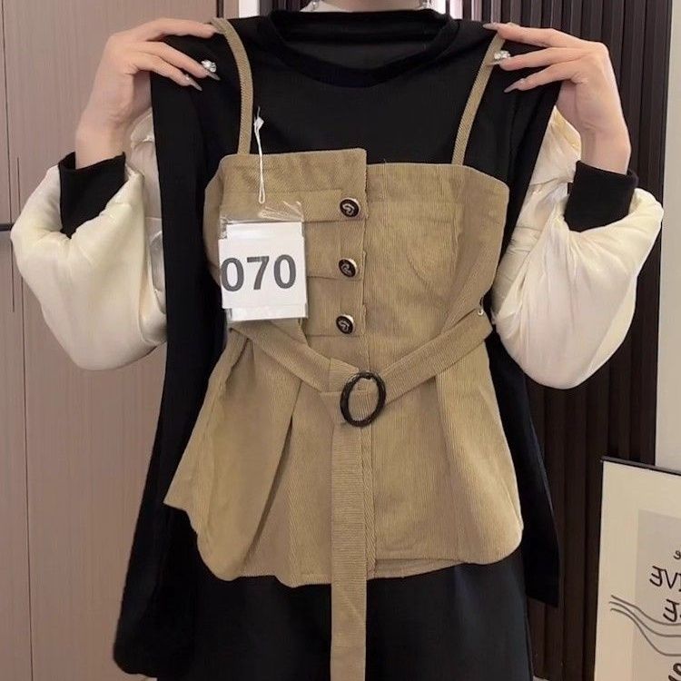 法式高级感时尚撞色拼接假两件圆领长袖衬衫女2025秋季新款上衣潮