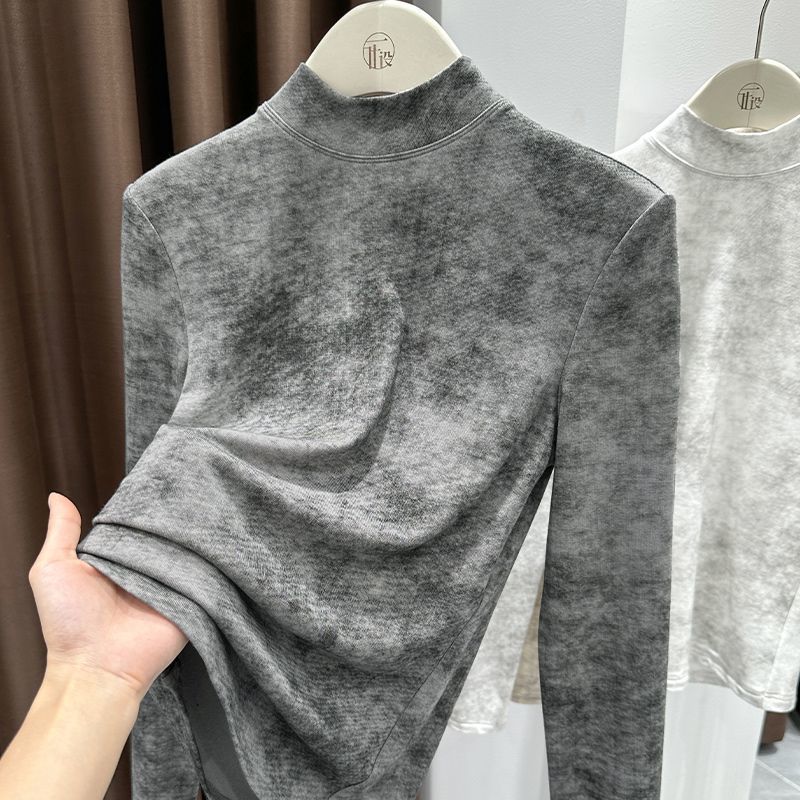 独特漂亮灰色半高领打底衫女内搭秋冬保暖扎染高级感气质上衣