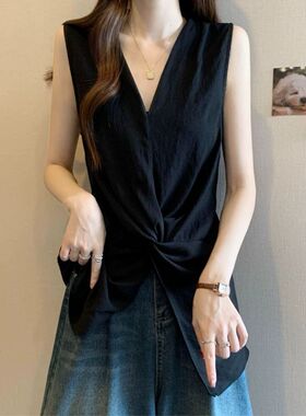 洋气黑色扭结v领无袖衬衫女2026春夏新款高级感外穿掐腰背心上衣