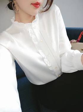 韩版木耳边立领长袖衬衫春秋时尚宽松衬衣女洋气小衫大码雪纺上衣