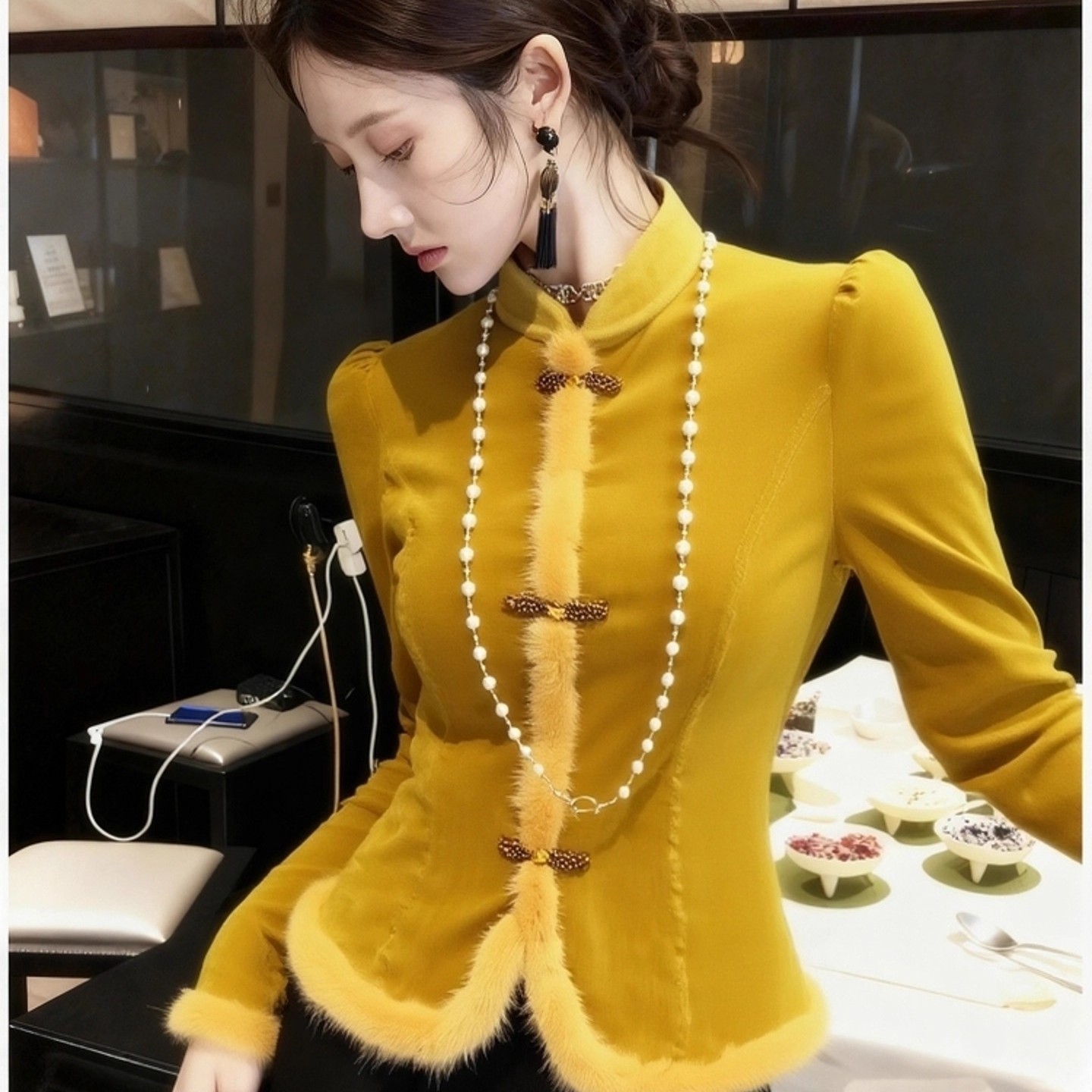 2025年秋新款新中式国风立领毛边拼接丝绒收腰显瘦气质百搭上衣女