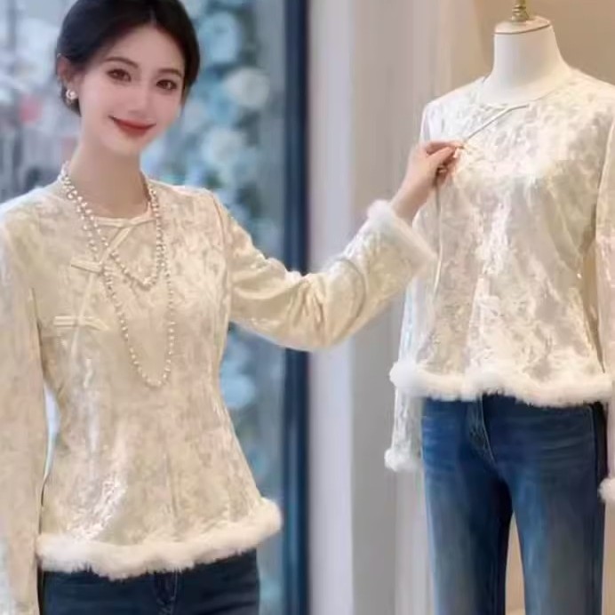 收腰显瘦上衣秋冬提花百搭小衫