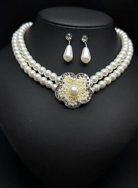 新娘双层珍珠项链耳环两件套结婚舞台首饰婚纱礼服配饰现货批发