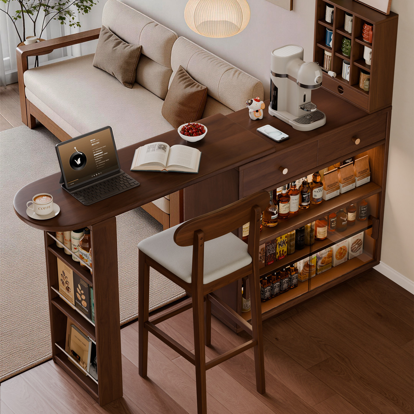 家逸可伸缩实木吧台桌家用阳台客厅小户型隔断岛台沙发边柜吧台柜