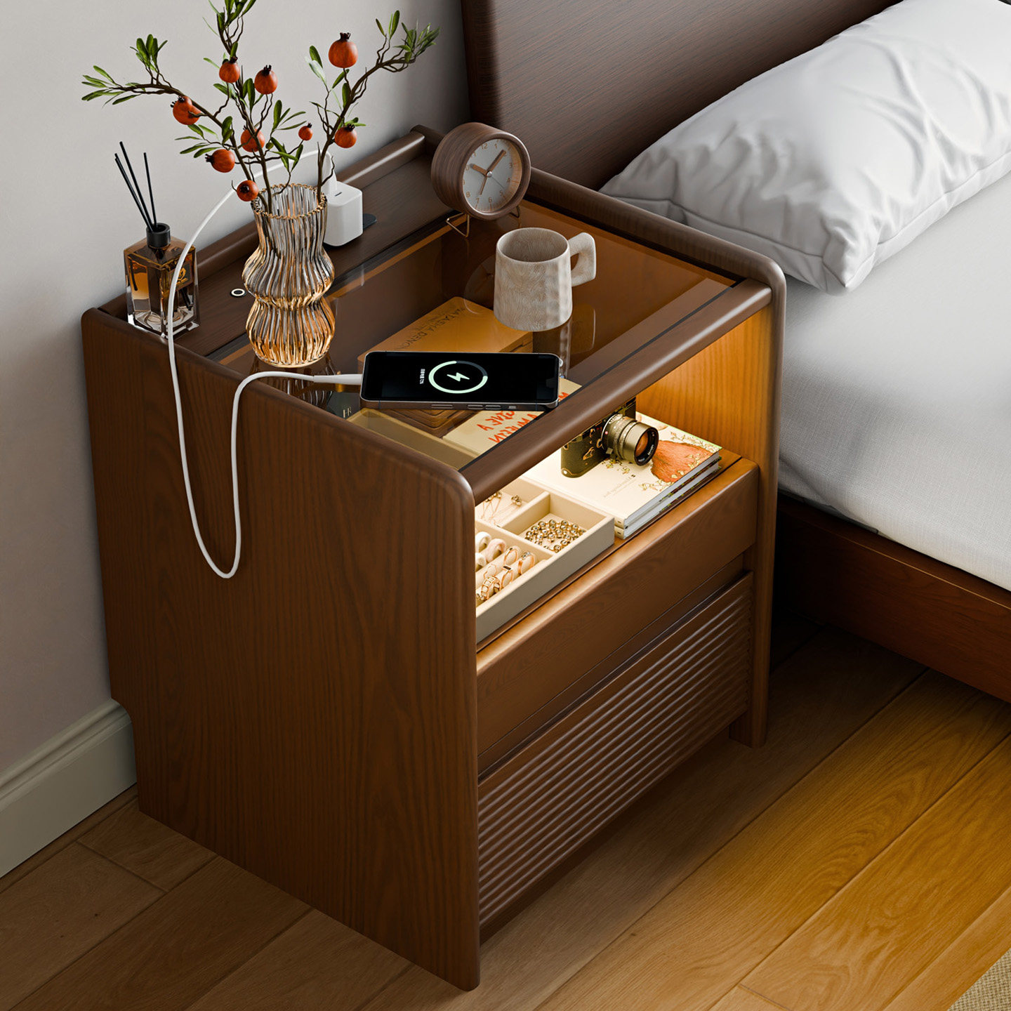 实木床头柜家用卧室2025爆款小型床边柜高级轻奢智能带插座收纳柜,住宅家具,床头柜,淘宝优惠券,粉丝福利购,淘宝优惠卷