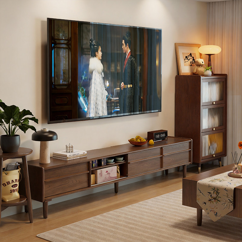 实木移门电视柜茶几组合落地储物柜中古风小户型客厅家用电视机柜