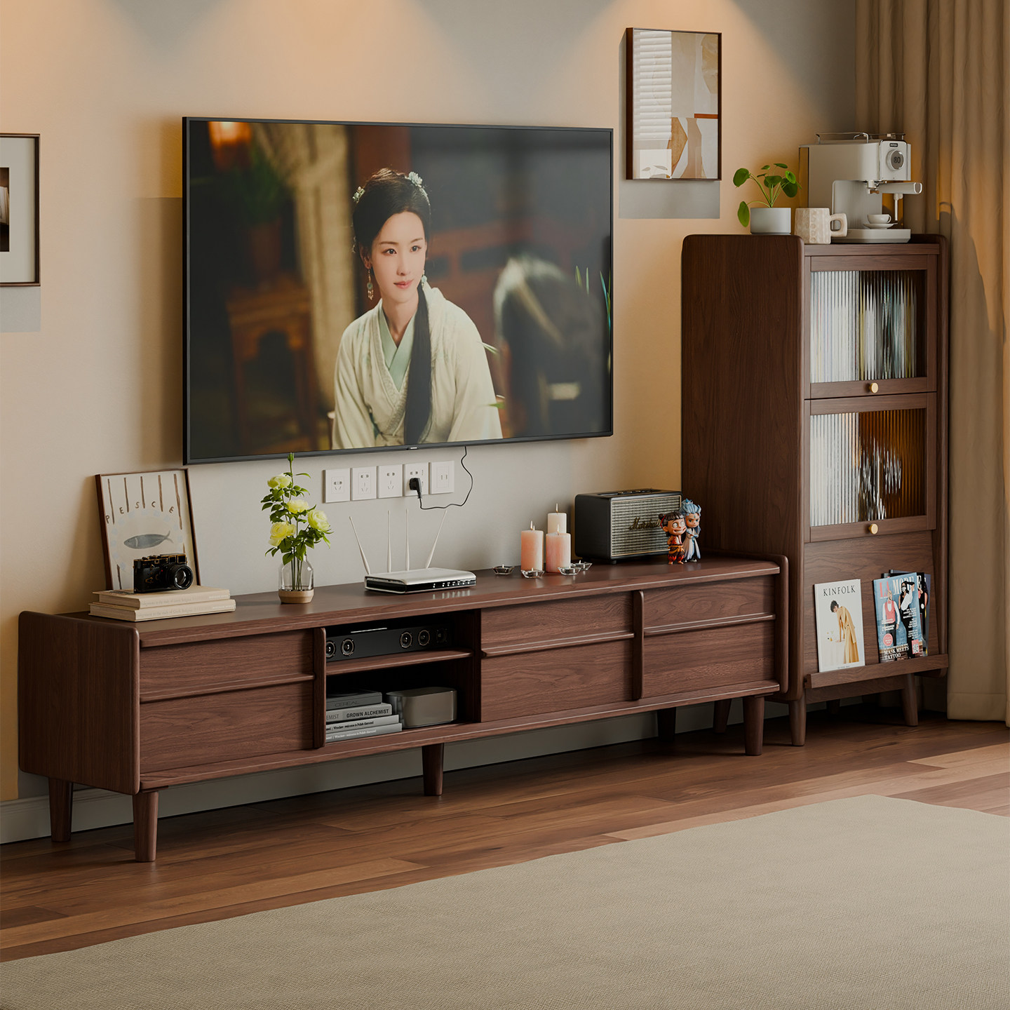 实木移门电视柜茶几组合落地储物柜中古风小户型客厅家用电视机柜