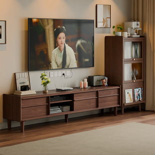 实木移门电视柜茶几组合落地储物柜中古风小户型客厅家用电视机柜