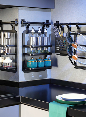 免打孔厨房置物架黑色太空铝刀架挂杆锅盖架调料架墙上转角收纳