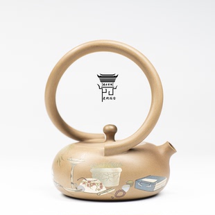 建水紫陶仿古泥提梁壶阴刻阳填清供图普洱泡茶具张海飞陶奴李雨蔓
