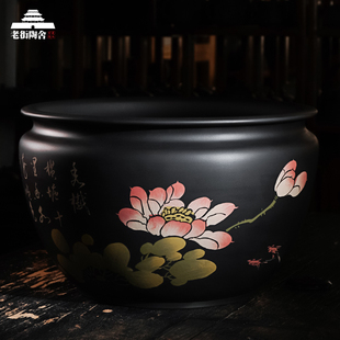 建水紫陶鱼缸青云记彩填复古风水缸造景缸中式招财摆件办公室客厅