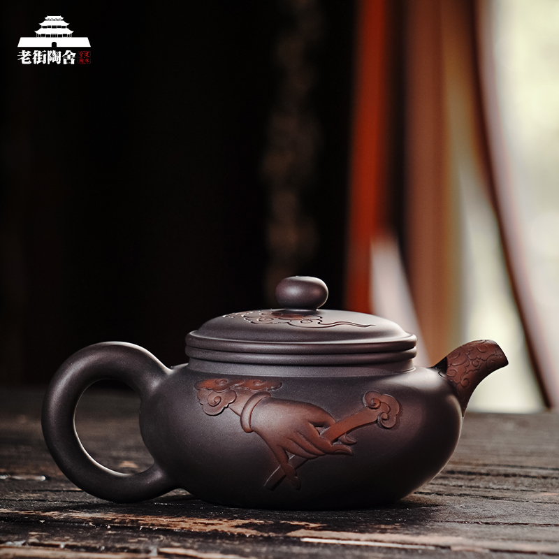 建水紫陶泡茶壶青云记纯手工浮雕禅意佛手仿古石瓢壶中式功夫茶具