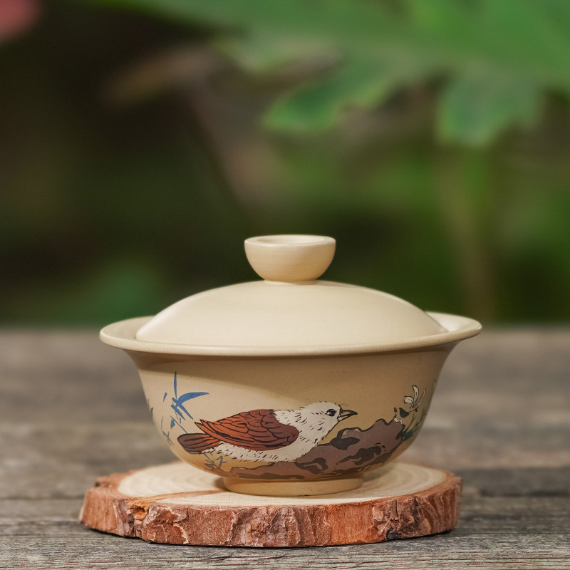 云南建水紫陶盖碗青云记纯手工多道彩填白泥中式复古国风功夫茶碗