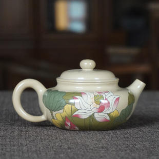 云南建水紫陶白泥亮光王时君名家全手工作品彩填大口仿复古泡茶壶