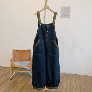 Y4275拼色彩扣可调节牛仔背带裤