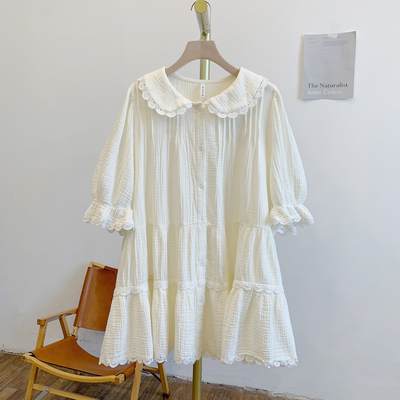 MNY2434-1蕾丝边全开扣娃娃领短袖连衣裙