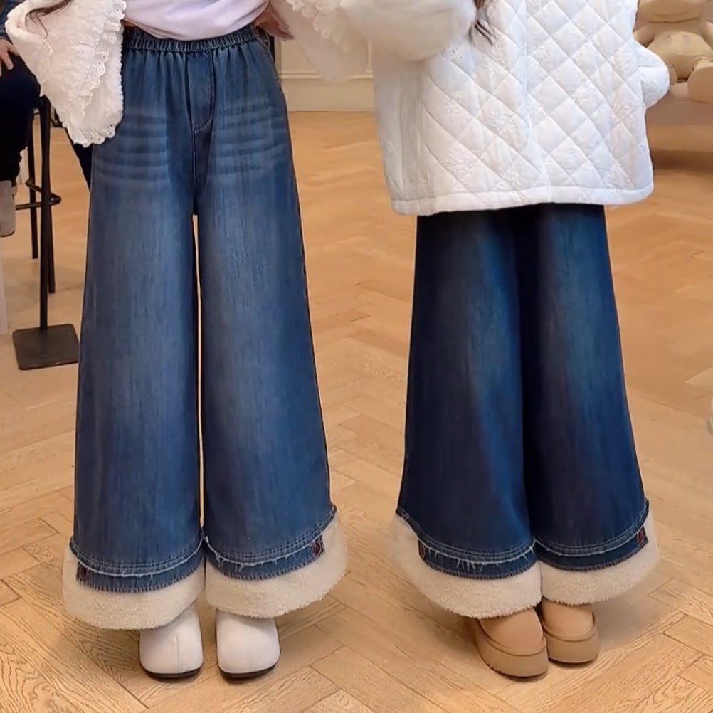 阔腿裤女2025新款冬加厚韩版宽松牛仔加绒阔腿裤