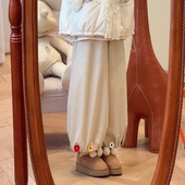 加绒阔腿裤 子女冬 宽松慵懒风裤 松紧腰系带小花装 饰韩版