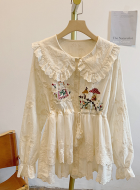 C5637刺绣蕾丝拼接腰部抽绳全开扣娃娃领衬衫