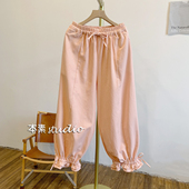 C3316脚口蝴蝶结荷叶边松紧腰系带宽松休闲裤