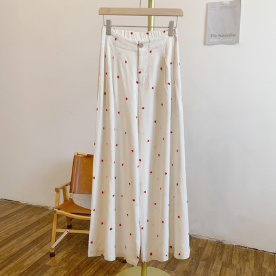 Y2960爱心刺绣半松紧腰阔腿裤