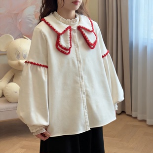 本素棉麻原创女装加绒衬衫女灯芯绒全开扣钩花娃娃领衬衣