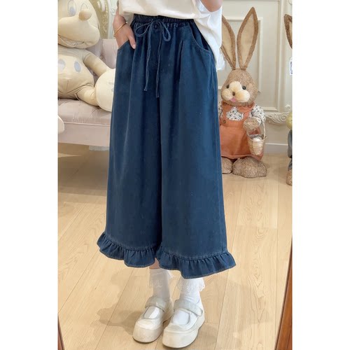 Y4733荷叶边松紧腰系带牛仔阔腿裤
