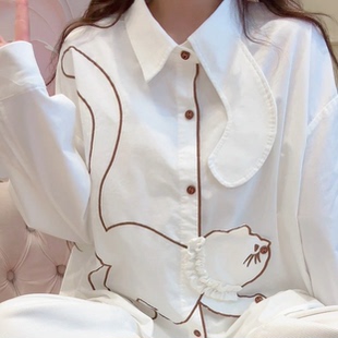 白色衬衫女上衣小懒猫刺绣灯芯绒可爱风全开扣翻领衬衣女