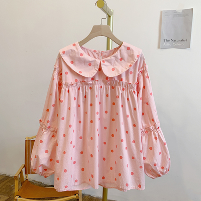 C4518波点蝴蝶结木耳边娃娃领衬衫