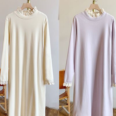 C4944德绒磨毛蕾丝边立领连衣裙