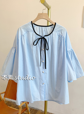 C4110拼色全开扣系带圆领衬衫