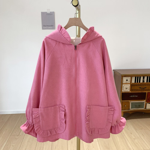 Y4468-1荷叶边双口袋拉链连帽外套