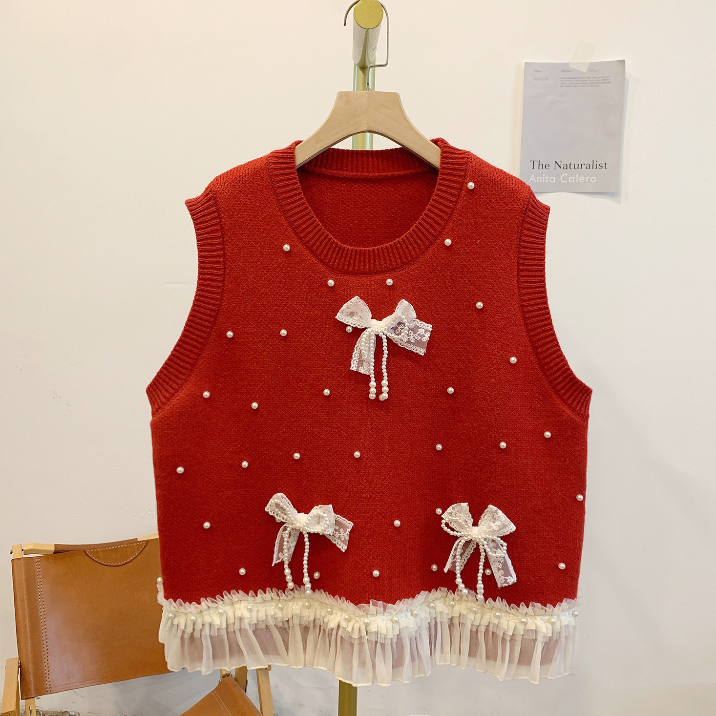 C5531钉珠荷叶边蝴蝶结圆领针织马甲