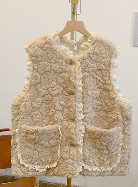 C5160蕾丝边圆领毛绒马甲