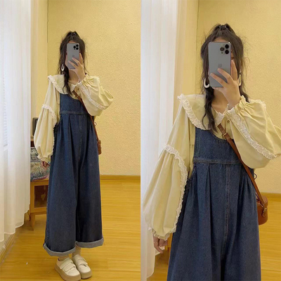 【情动依兰】M4630腰部抽绳牛仔阔腿背带裤